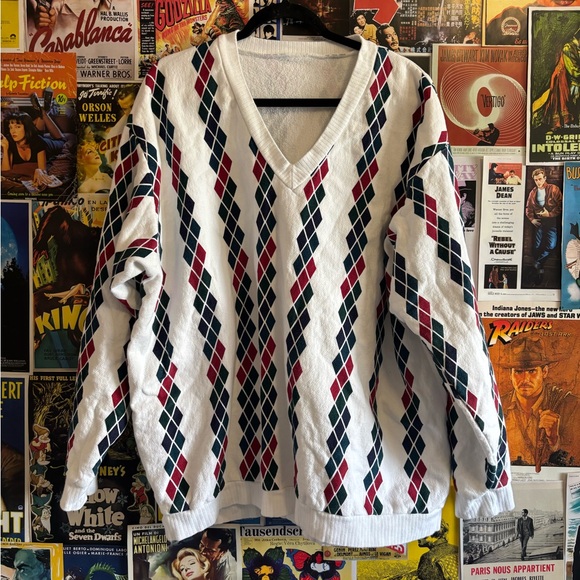 Men's V-Neck Argyle Sweater - White, Red, and Blue - Picture 1 of 2